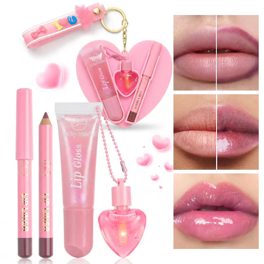 Pink lip care set featuring a heart-shaped lip gloss case, lip gloss tube, lip pencil, lip color stick, and a heart-shaped keychain, alongside three close-up lip swatches showing different glossy pink shades.