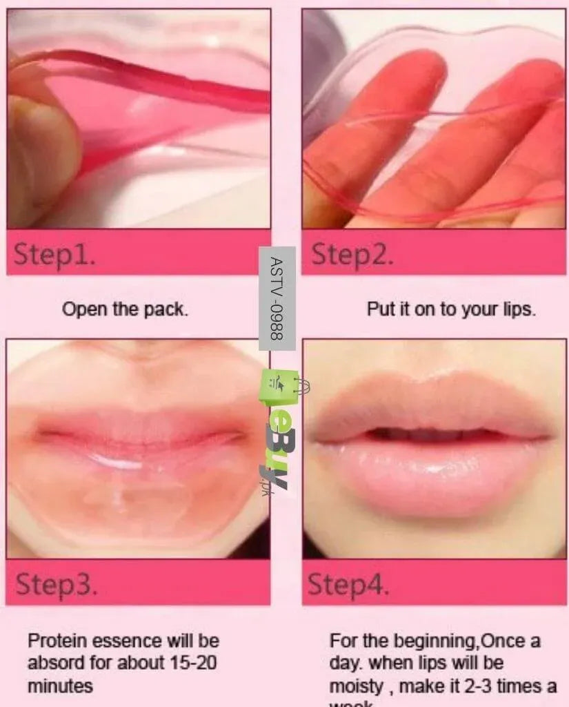 A four-step instructional graphic showing how to apply a pink lip protein essence. The panels show hands opening the packaging, applying the clear pink gel to lips, and showing the lips after use, with text labels for each step on a pink background.