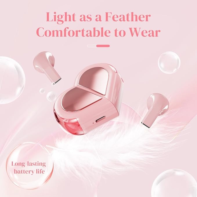 K520 Pink Heart TWS Wireless Earbuds – Cute Kawaii Bluetooth Earphones for Girls