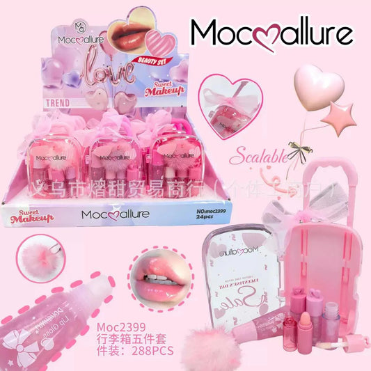 Mocallure makeup set with pink packaging and accessories on a white background