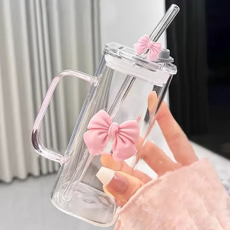 450ml Bow Glass Tumbler with Lid, Handle and Straw
