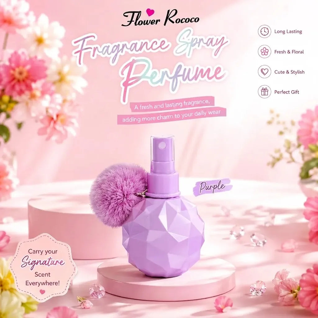 A lavender purple faceted perfume spray bottle with a fluffy pom-pom accessory, displayed on a pink pedestal in a floral, pastel-themed setting. The image includes promotional text for 'Flower Rococo Fragrance Spray Perfume' and a color label indicating 'Purple'.