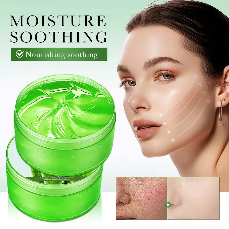 Moisture-soothing green gel cream in a round translucent jar, shown next to a woman's face with glowing skin and two small before/after skin close-ups. Text reads 'MOISTURE SOOTHING' and 'Nourishing soothing'.