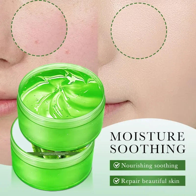 Two open jars of bright green skincare gel shown in front of a close-up of a person's face with circular before-and-after style skin texture circles. Text on the right reads 'MOISTURE SOOTHING' with bullet points about nourishing soothing and repairing skin.