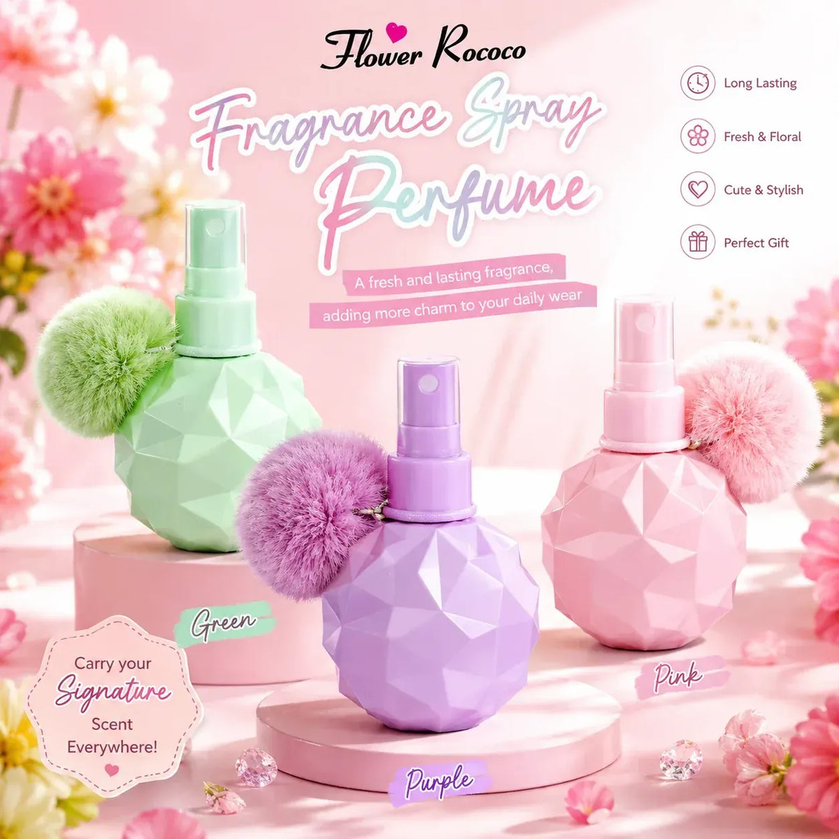 Three faceted perfume spray bottles in pastel green, purple, and pink, each topped with a fluffy pom-pom, displayed on pink pedestals with floral decorations and promotional text for Flower Rococo Fragrance Spray Perfume.