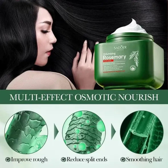 Woman holding a green hair care product with text highlighting its benefits