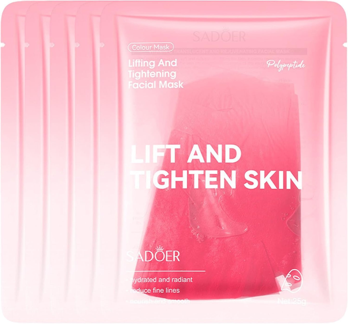 A pack of SADOER lifting and tightening facial masks, featuring a translucent pink outer pouch with a bright pink sheet mask visible inside.