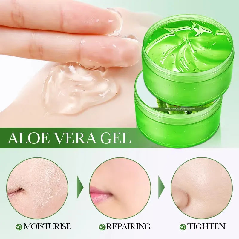 Aloe vera gel jar with aloe vera gel on skin and before-and-after effects on skin.