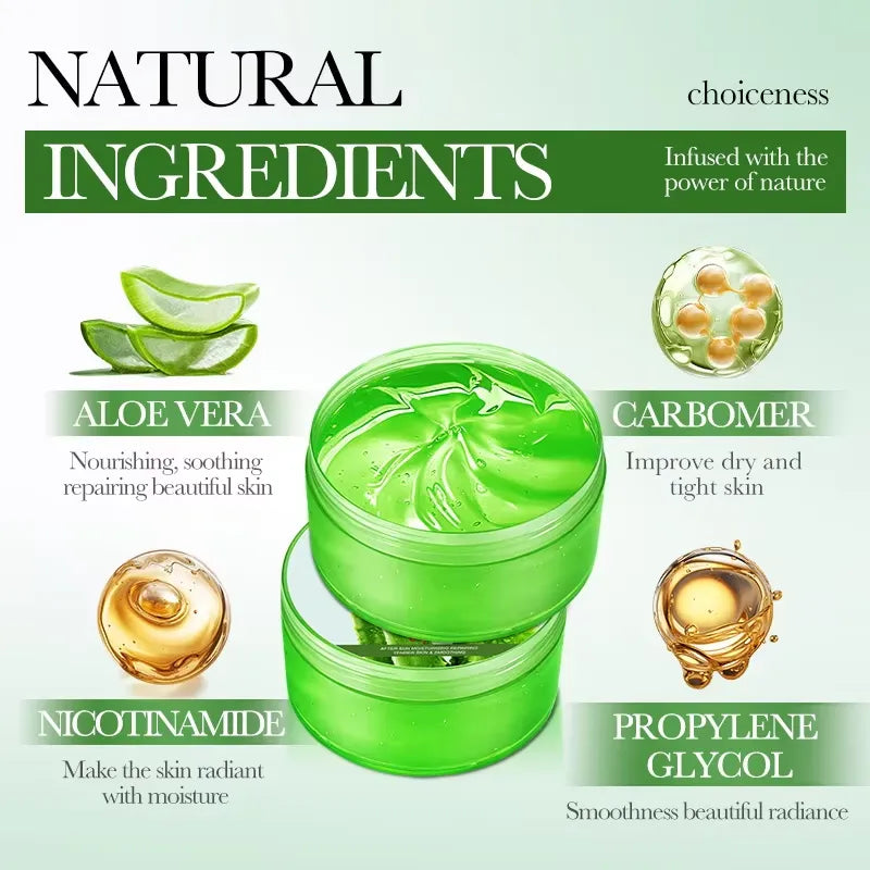 A cosmetic jar set with green aloe vera gel and gold-toned ingredient droplets on a pale green background, surrounded by text highlighting natural ingredients including aloe vera, carbomer, nicotinamide, and propylene glycol.