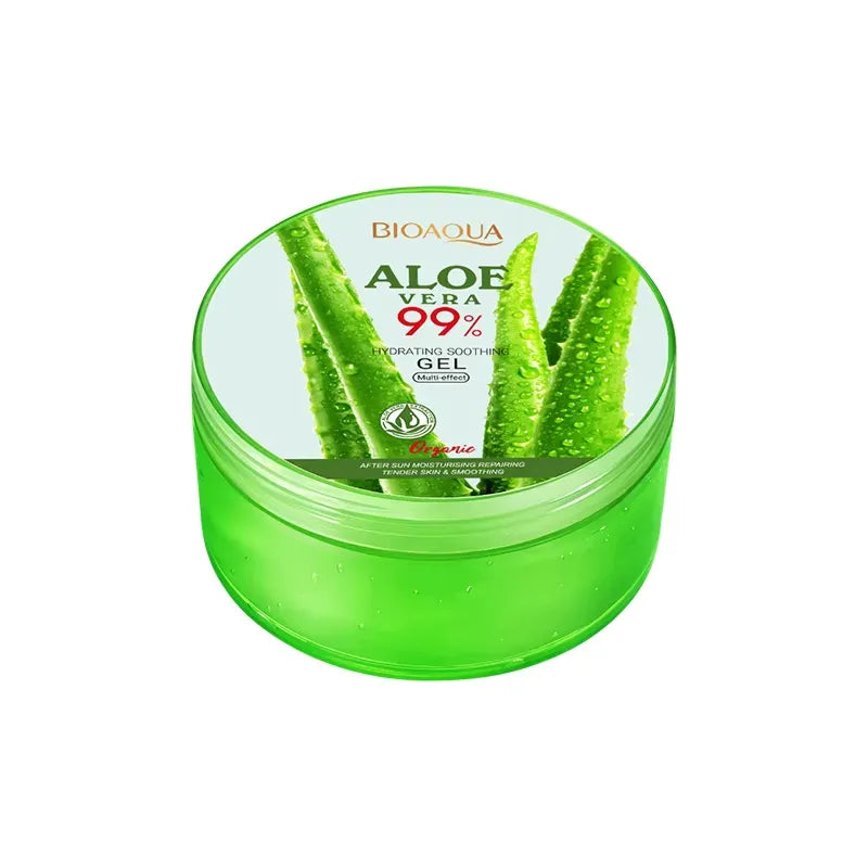 BIOAQUA Aloe Vera 99% Hydrating Soothing Gel in a round translucent green plastic jar, shown on a plain white background.
