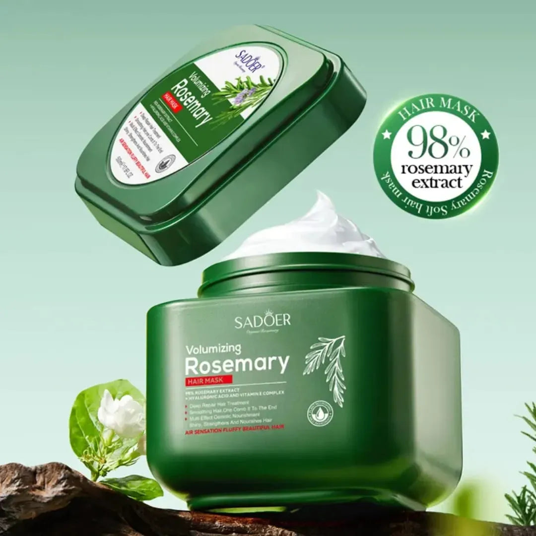 Green hair mask jar with rosemary extract on a light green background