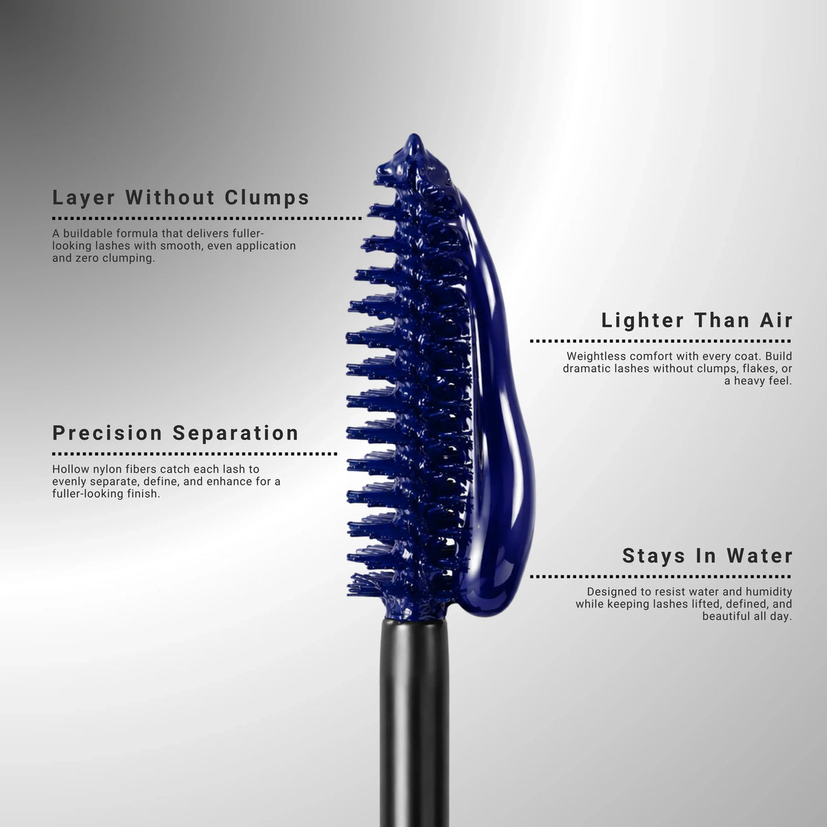 A dark blue hair styling brush with a black handle, shown on a light gray gradient background with descriptive text callouts about its features.