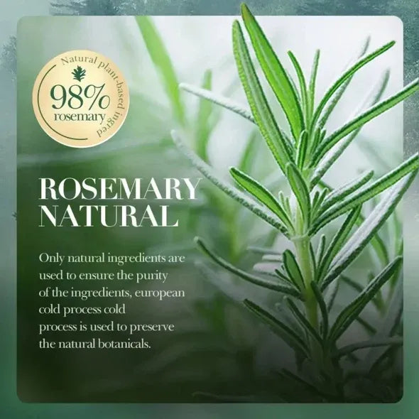 Rosemary plant with branding and text about natural ingredients and purity.