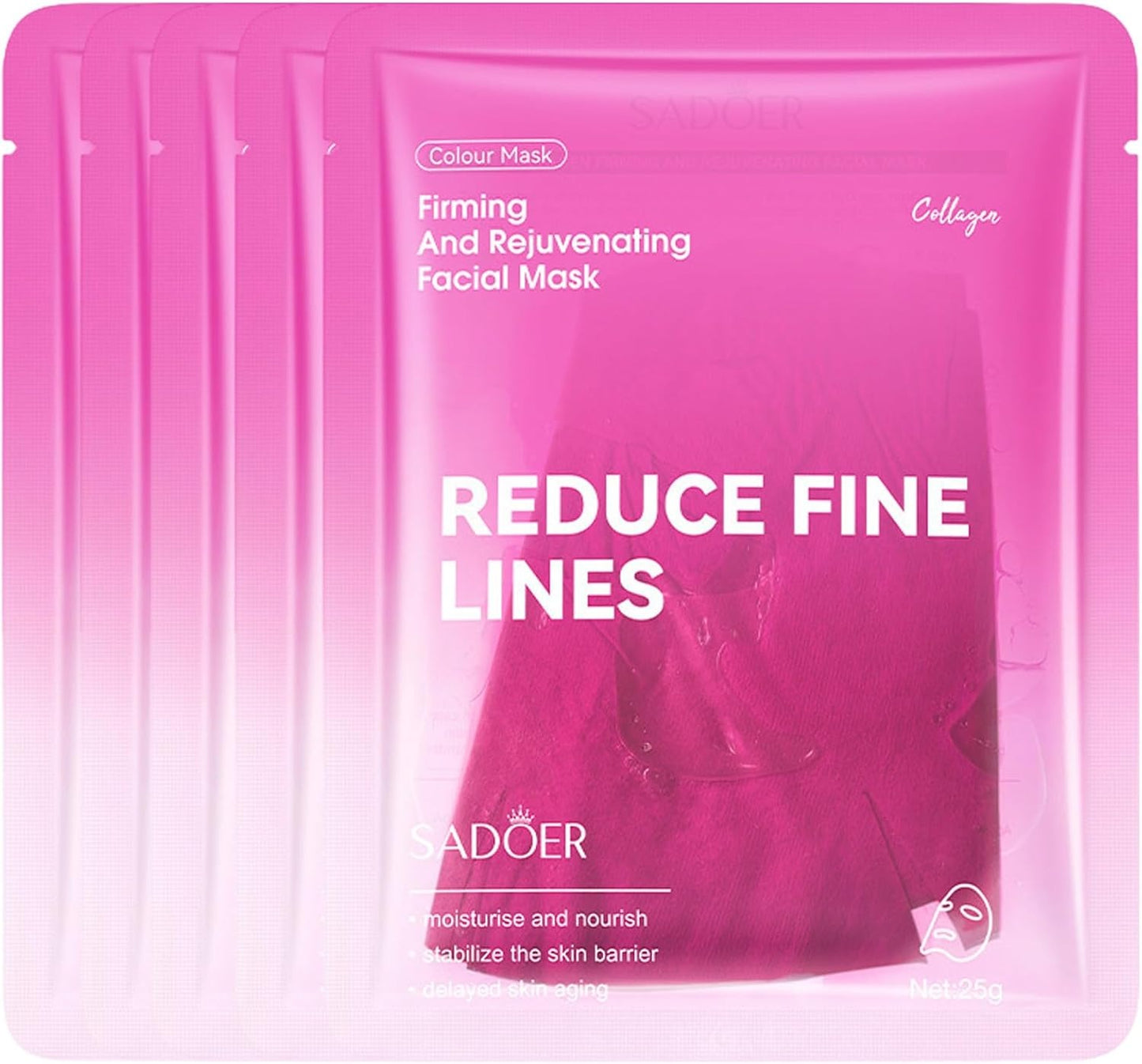 Five pink SADOER collagen facial mask sachets arranged in a fan shape against a white background.