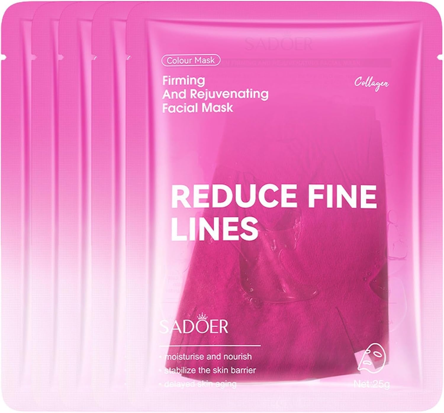 Five pink SADOER collagen facial mask sachets arranged in a fan shape against a white background.