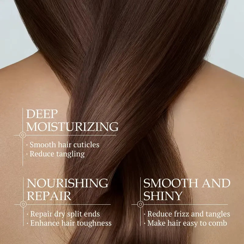 Close-up of a person's hair showing the back of the head with long, glossy brown hair and overlaid marketing text about moisturizing, nourishing repair, and smooth shiny results.