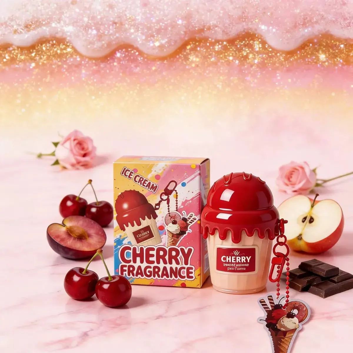 Cherry Fragrance ice cream-themed perfume bottle and box set on a pink marble surface with cherries, apple pieces, roses, and chocolate bars. The bottle is red and cream-colored with a keychain charm, and the box reads 'ICE CREAM' and 'CHERRY FRAGRANCE'.