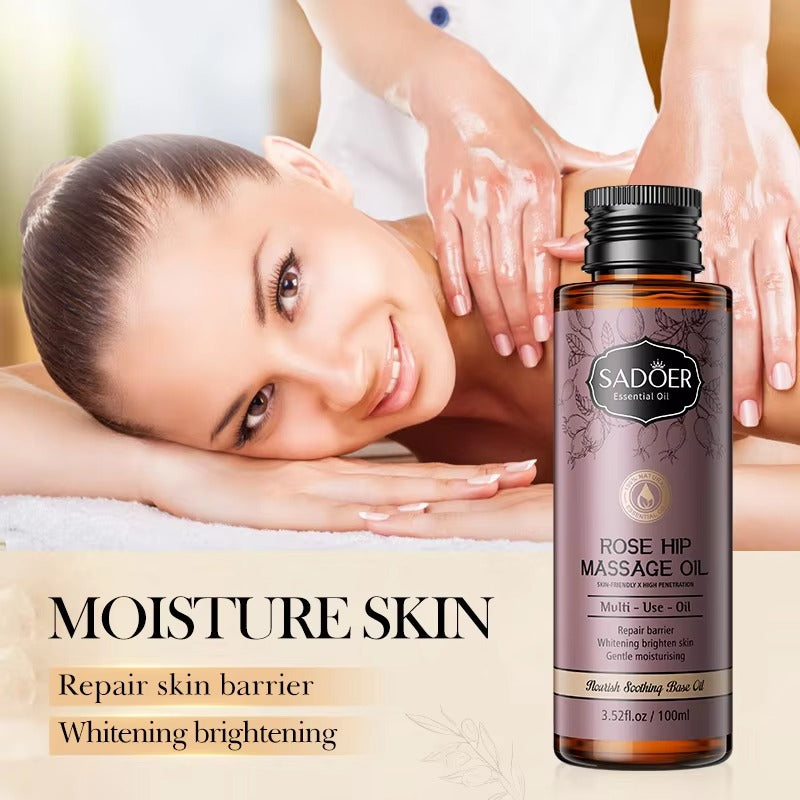 Woman receiving a massage with Sadoer Rose Hip Massage Oil displayed prominently.