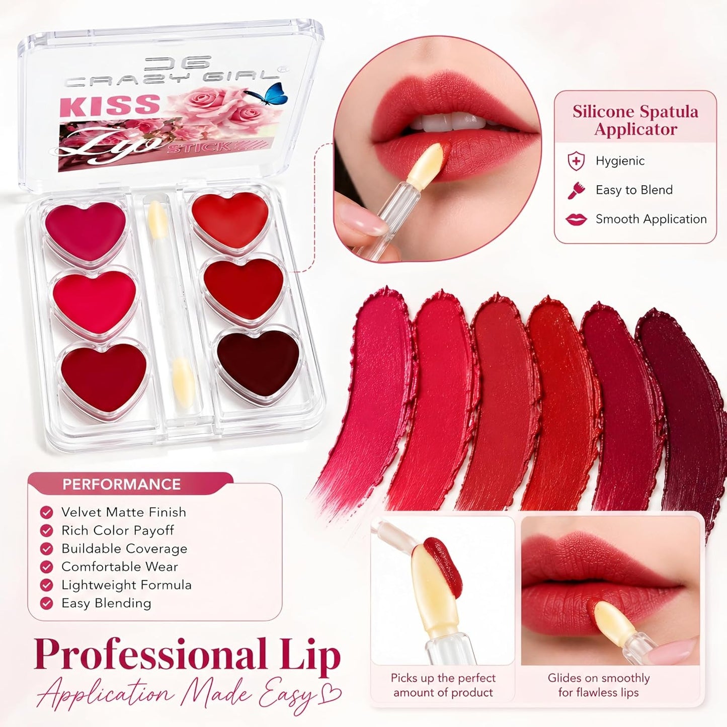Crazy Girl 6 Shade Velvet Matte Lip Palette | Heart Shape Korean Lipstick Palette with Silicone Spatula