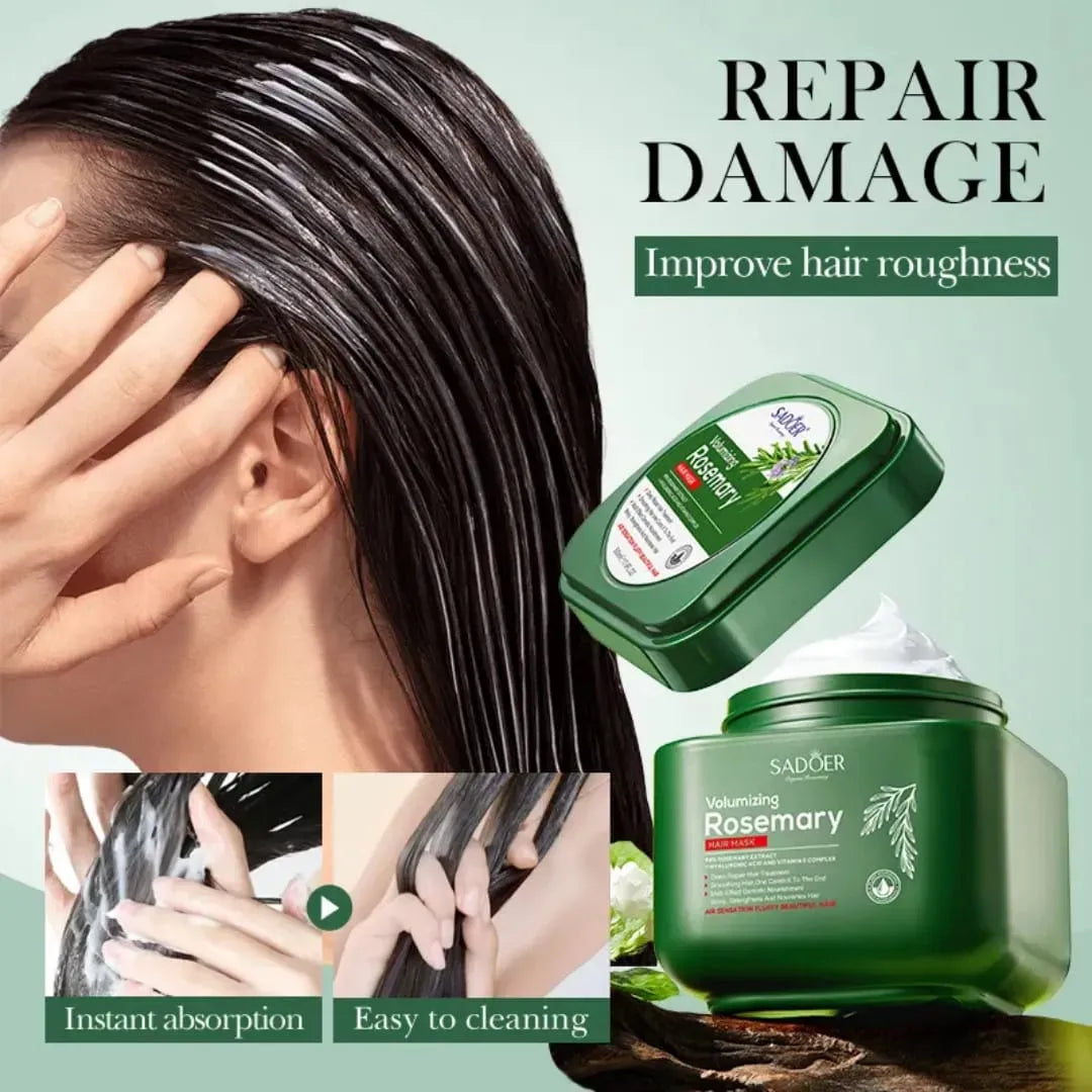 Hair care product with green jar andRosemary label, showing hair repair benefits on a light green background.