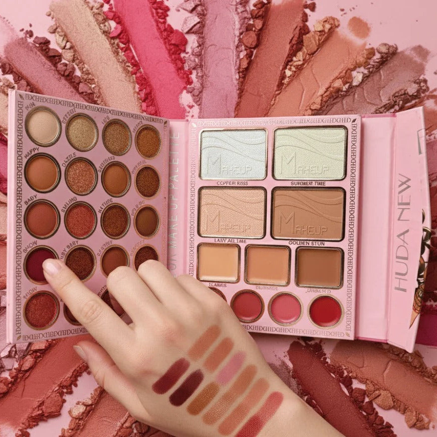 Makeup palettes with a hand pointing to one, surrounded by makeup swatches on a pink background.