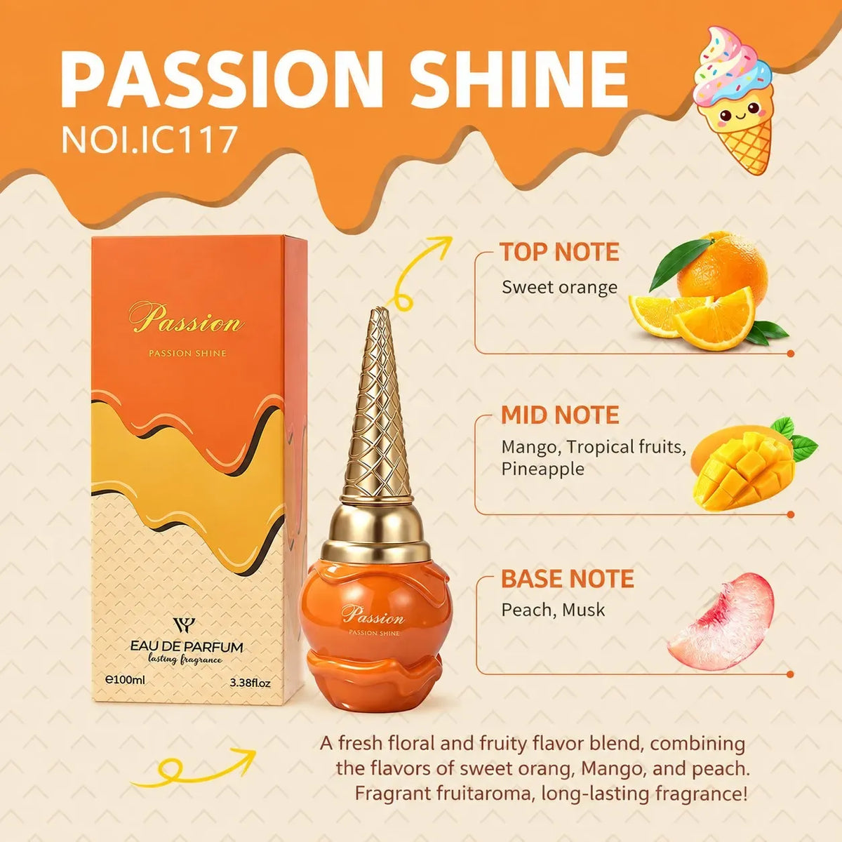 Passion Shine Eau de Parfum bottle and packaging box displayed on a beige patterned background with orange graphic accents. The bottle has an orange body, a gold textured cap, and the box is orange and beige.