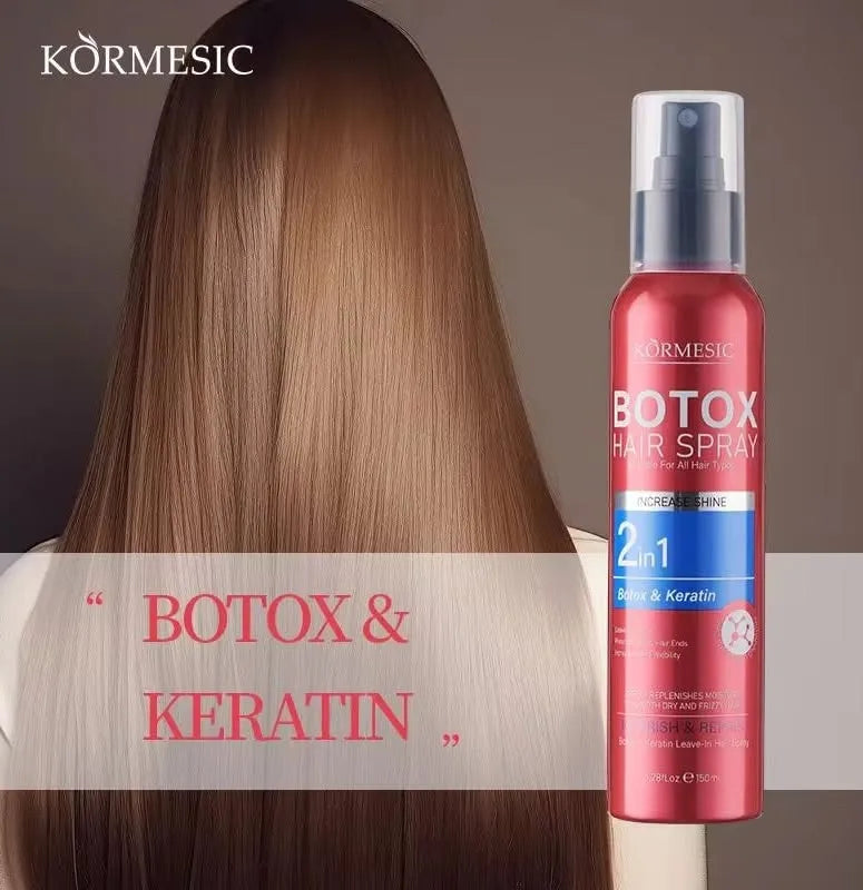 Kormesic Botox Hair Spray bottle shown next to a model with long, straight, light brown hair. The product is a red spray can with a blue and white label, and the background is a solid dark brown.