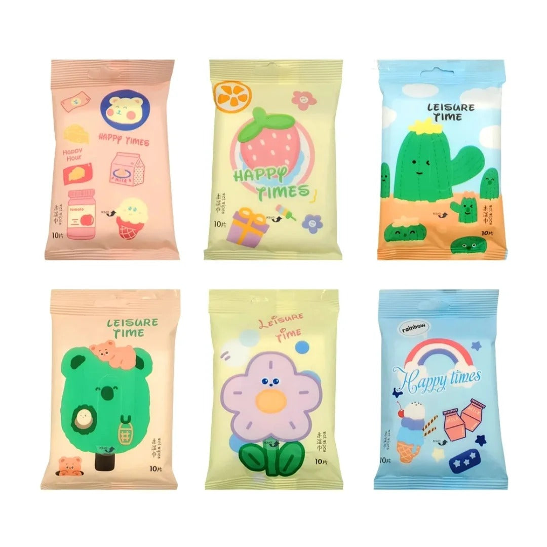 Six colorful snack pouches arranged in a 2x3 grid on a white background, each with a different cute cartoon illustration and text including 'Happy Times' and 'Leisure Time.'.