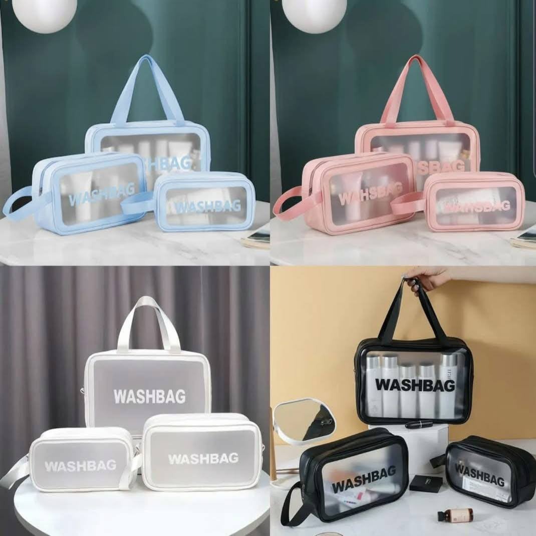 3-Piece Portable Travel Wash Bag – Transparent Waterproof Makeup Organizer Pouch Set
