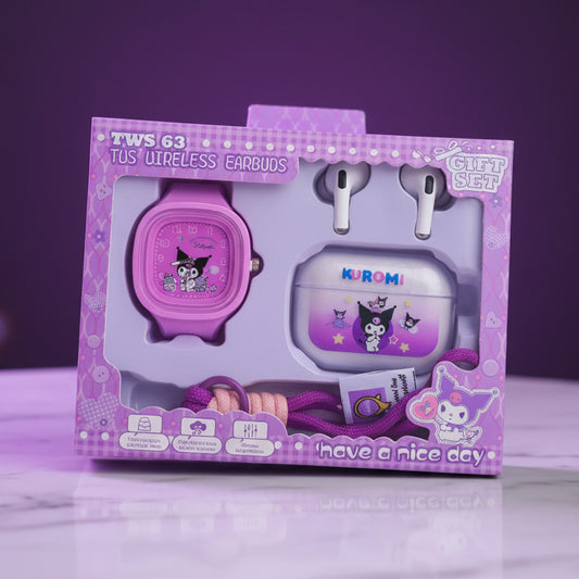 A hand holding a pink and purple toy set in retail packaging, featuring a cartoon watch, earbud case, and accessories, with a blurred outdoor background