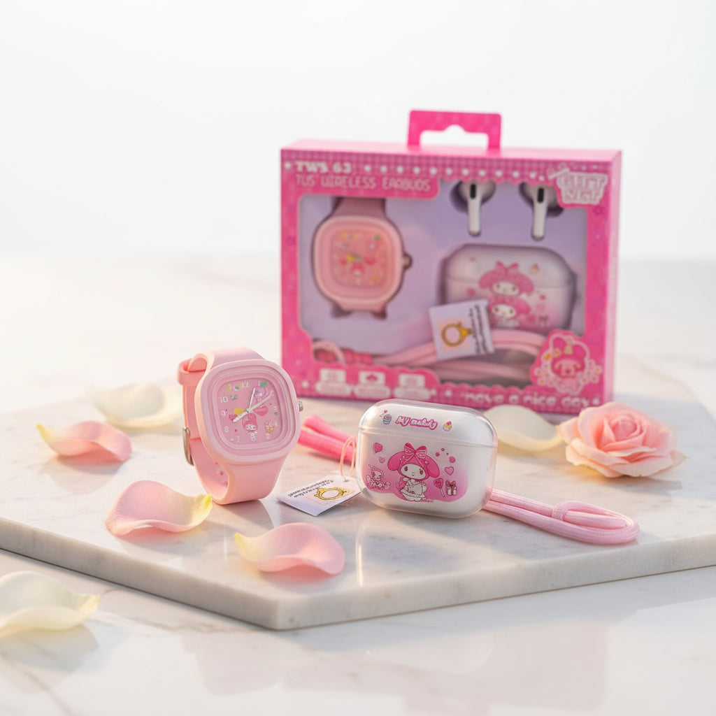 A pink My Melody gift set held in a hand, containing a pink watch, white earbuds, and a small accessory card, in its original retail packaging with a pink My Melody design.