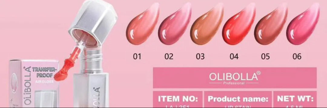 Olibolla lip gloss products on a pink background with packaging and color swatches.