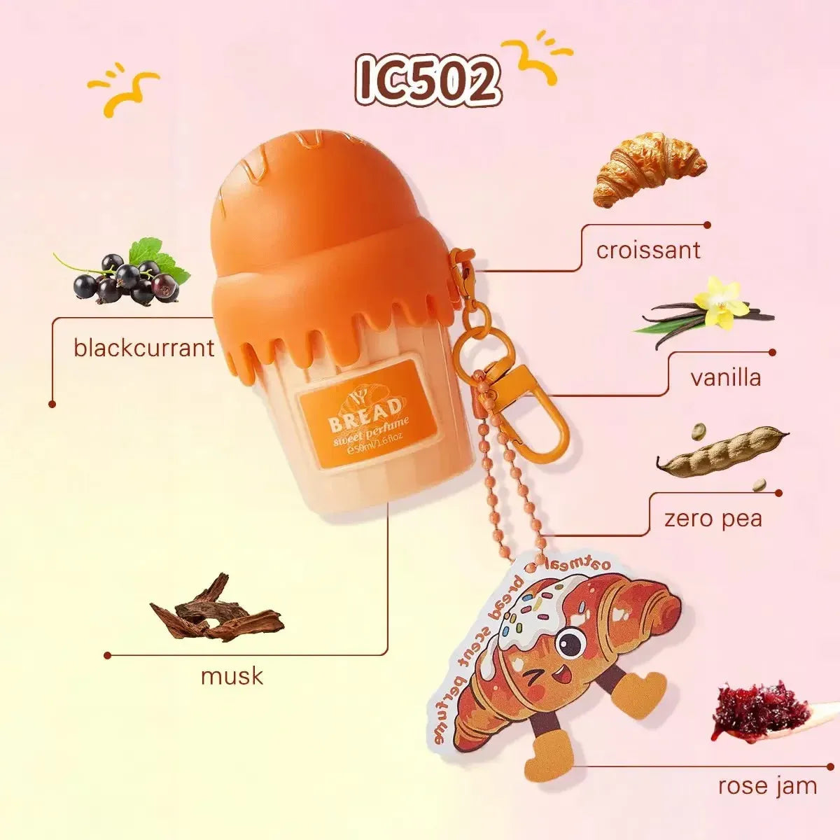 An IC502 croissant-shaped lip balm container with a matching keychain, displayed on a light pink background with various flavor illustrations and labels.