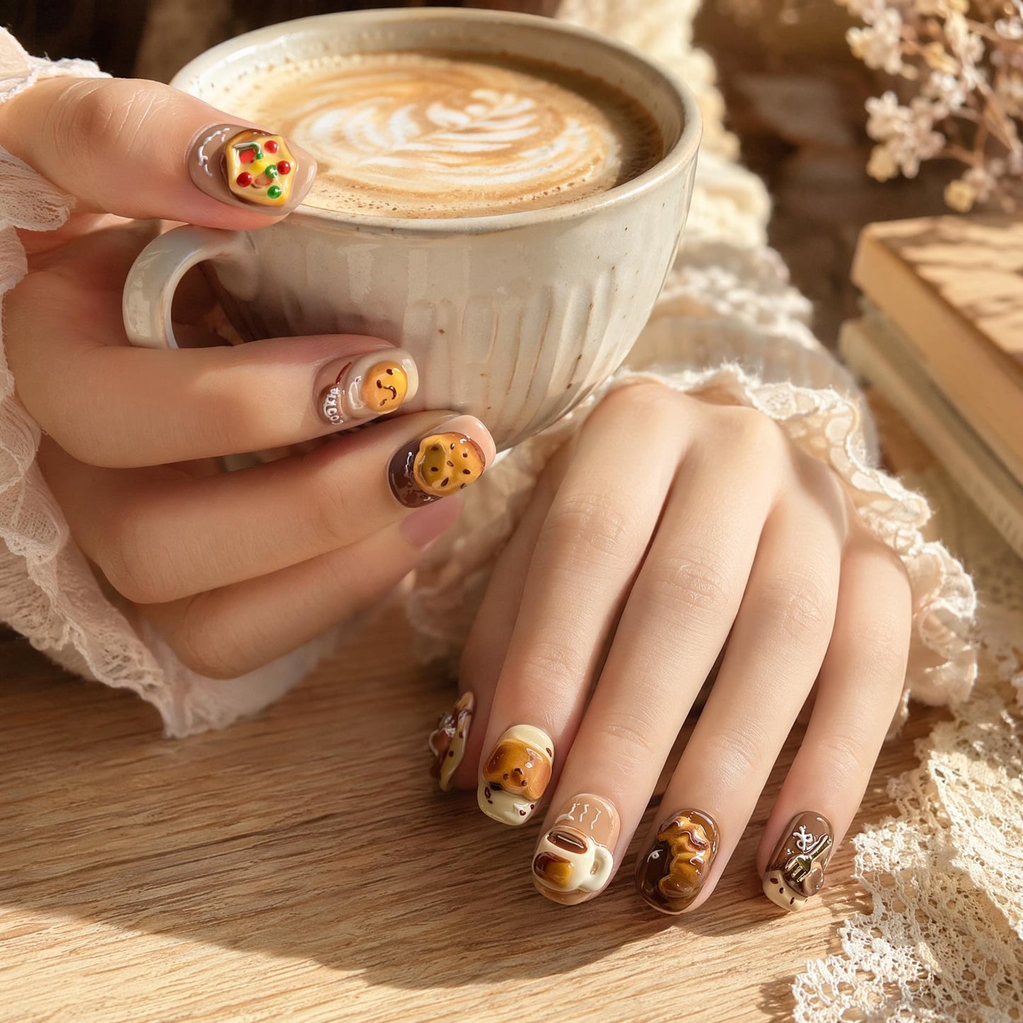 A close-up of a person's hands with detailed autumn-themed nail art, holding a ceramic cup of latte art coffee on a wooden table with lace fabric and books in the background.