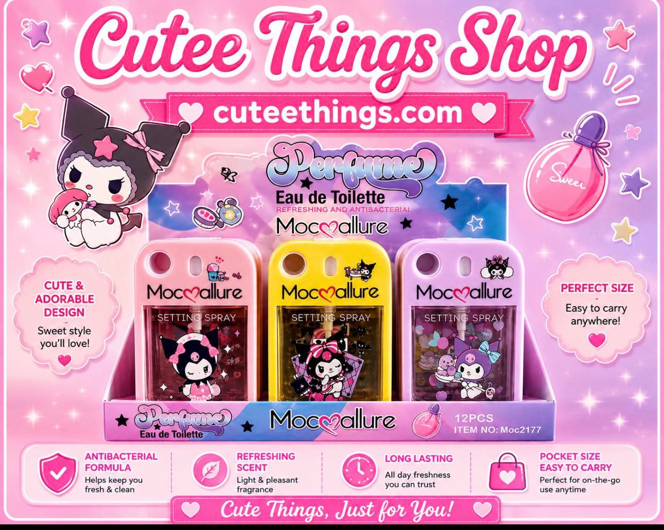Promotional image of Moccallure products with 'Cutee Things Shop' branding on a pink background.