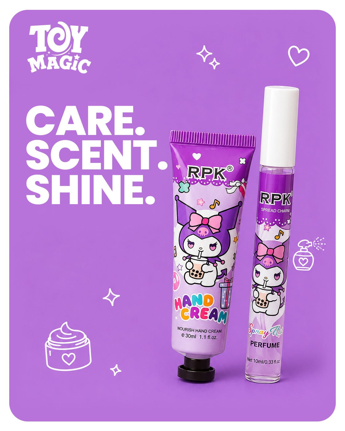 Toy Magic RPK character hand cream and matching perfume set on a purple background with white text and cute cartoon graphics.