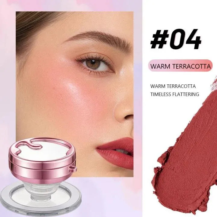 A cosmetic product listing graphic showing a close-up of a model's face with warm terracotta blush on the cheeks, a pink compact case at lower left, and a textured powder swatch labeled '#04 WARM TERRACOTTA' on the right.