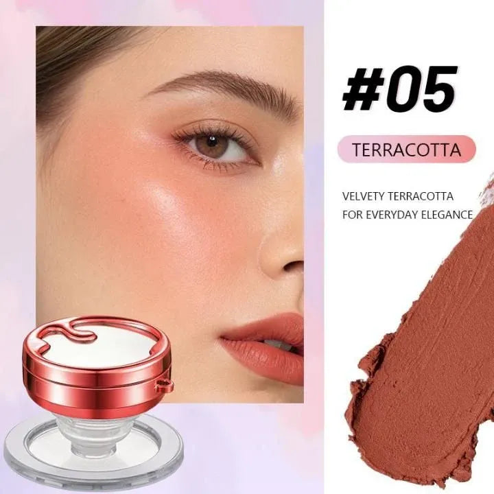 A terracotta-colored blush or highlighter product shown with a close-up of a model's face wearing the color, plus a product swatch and a compact case on a soft pink and white background. Text reads '#05 TERRACOTTA' and 'VELVETY TERRACOTTA FOR EVERYDAY ELEGANCE'.