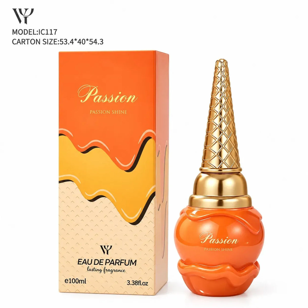 Orange and gold Passion Eau De Parfum bottle next to its matching orange and gold packaging box, on a clean white background.