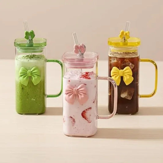 450ml Bow Glass Tumbler with Lid, Handle and Straw