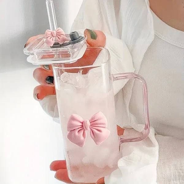 450ml Bow Glass Tumbler with Lid, Handle and Straw
