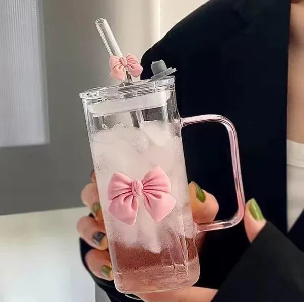 450ml Bow Glass Tumbler with Lid, Handle and Straw