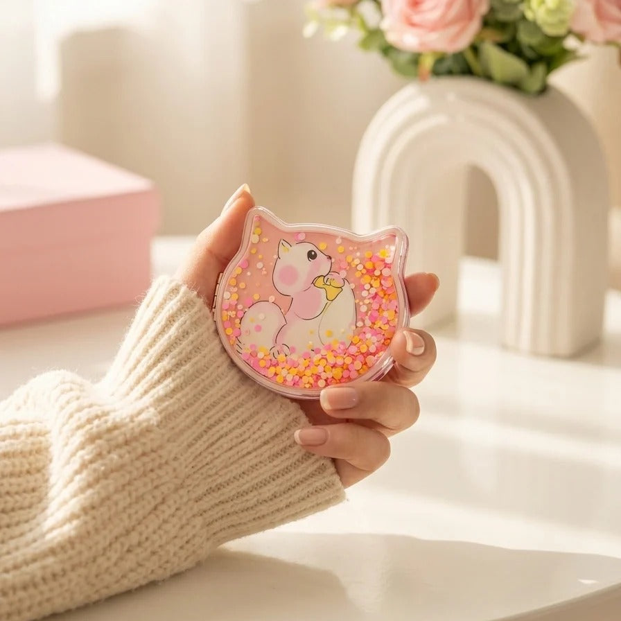 Hand holding a small, decorative item with a cute design in a bright room with flowers in the background.