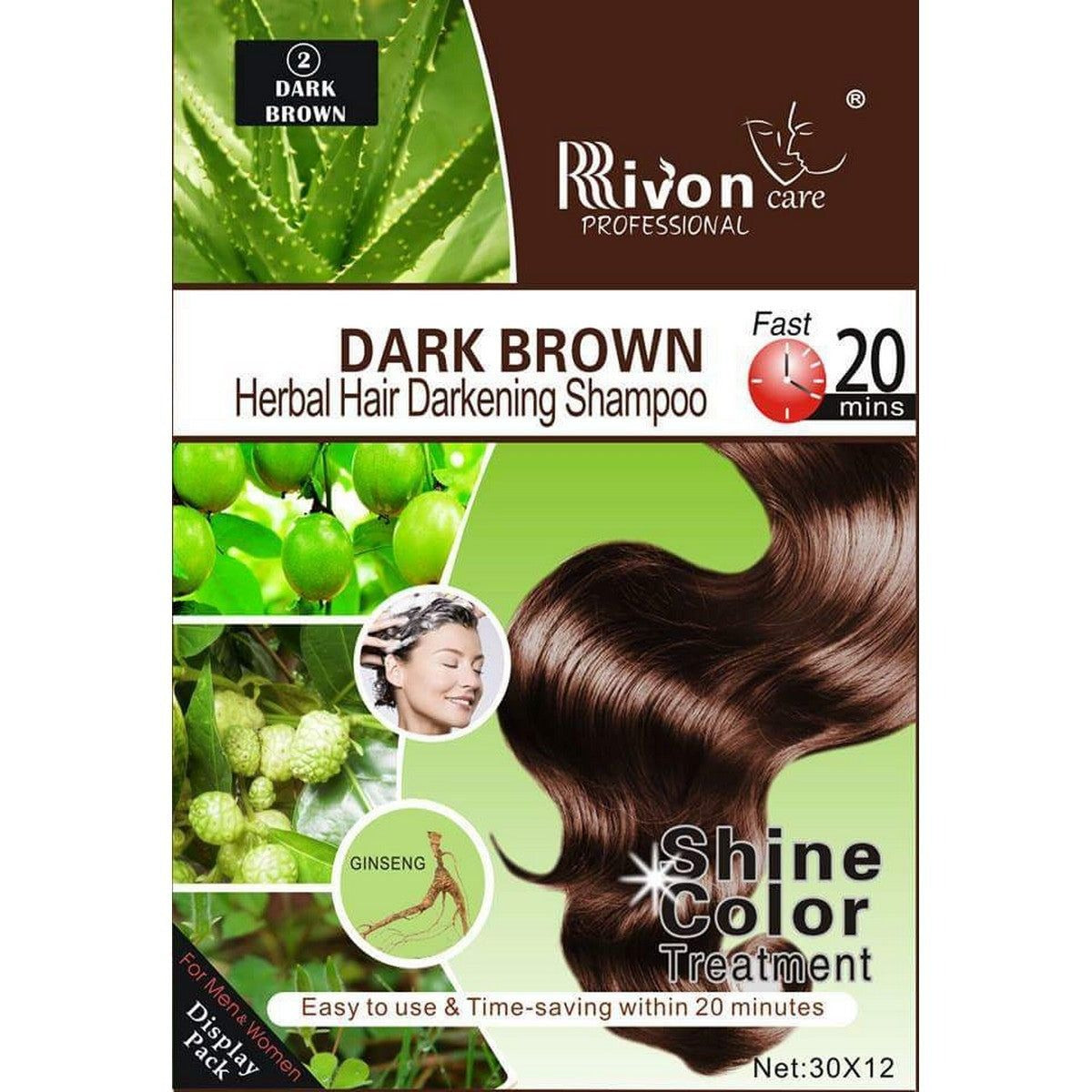 Rivon Care Professional Dark Brown Herbal Hair Darkening Shampoo packaging, featuring a green and brown design with a large image of dark brown hair and product benefits.