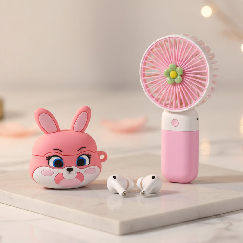 A 3-in-1 cool fan, earbud case, and wireless earbuds in its original pink retail packaging, featuring a cartoon bunny design.