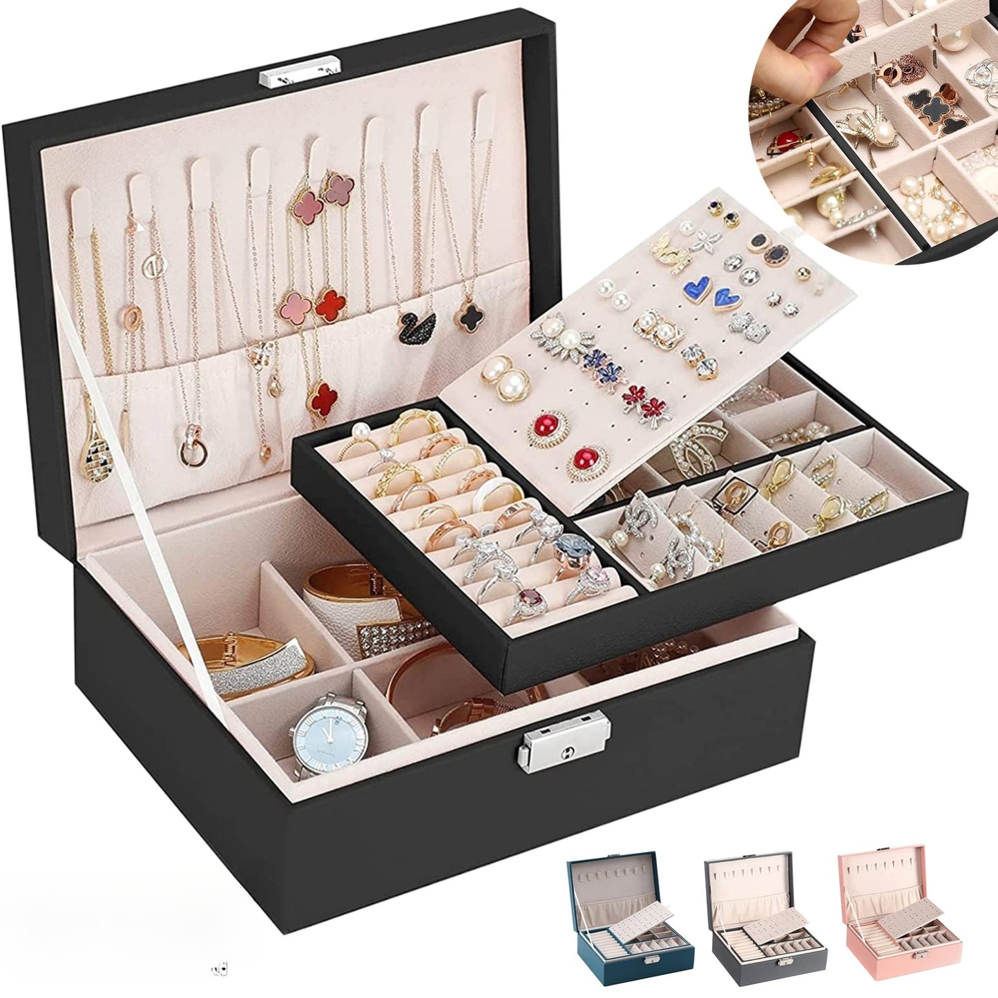 Leather Jewellery & Cosmetics Organizer with Lock – 2-Layer Storage Box