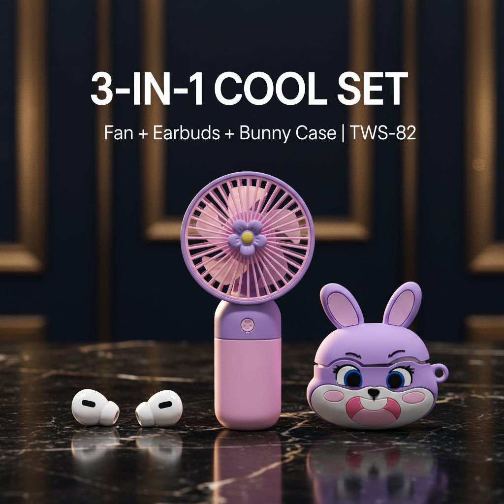 A 3-in-1 toy set in its retail packaging, featuring a purple bunny-themed fan, a pair of white earbuds, and a pink earbud case on a light purple box with cartoon graphics.