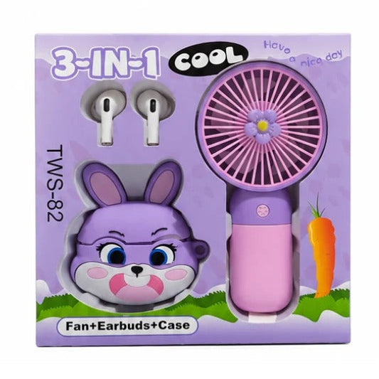 A 3-in-1 toy set in its retail packaging, featuring a purple bunny-themed fan, a pair of white earbuds, and a pink earbud case on a light purple box with cartoon graphics.