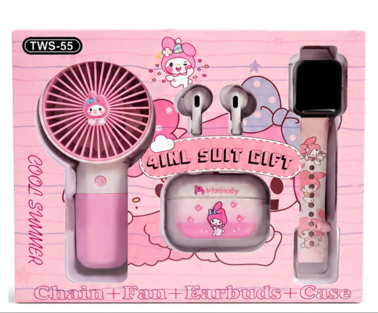 A pink cartoon-themed gift set in a retail box, containing a handheld fan, wireless earbuds, a charging case, and a smartwatch band. The packaging features My Melody illustrations and the text 'Cool Summer' and 'Girl Soul Gift'.