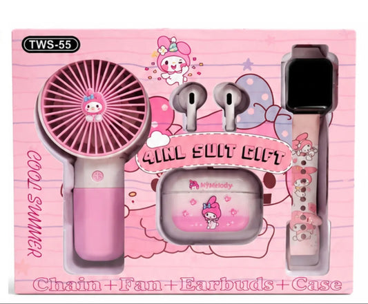 A pink cartoon-themed gift set in a retail box, containing a handheld fan, wireless earbuds, a charging case, and a smartwatch band. The packaging features My Melody illustrations and the text 'Cool Summer' and 'Girl Soul Gift'.